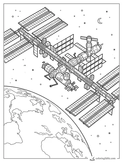 Realistic space station with solar panels orbiting above Earth, stars, and a crescent moon