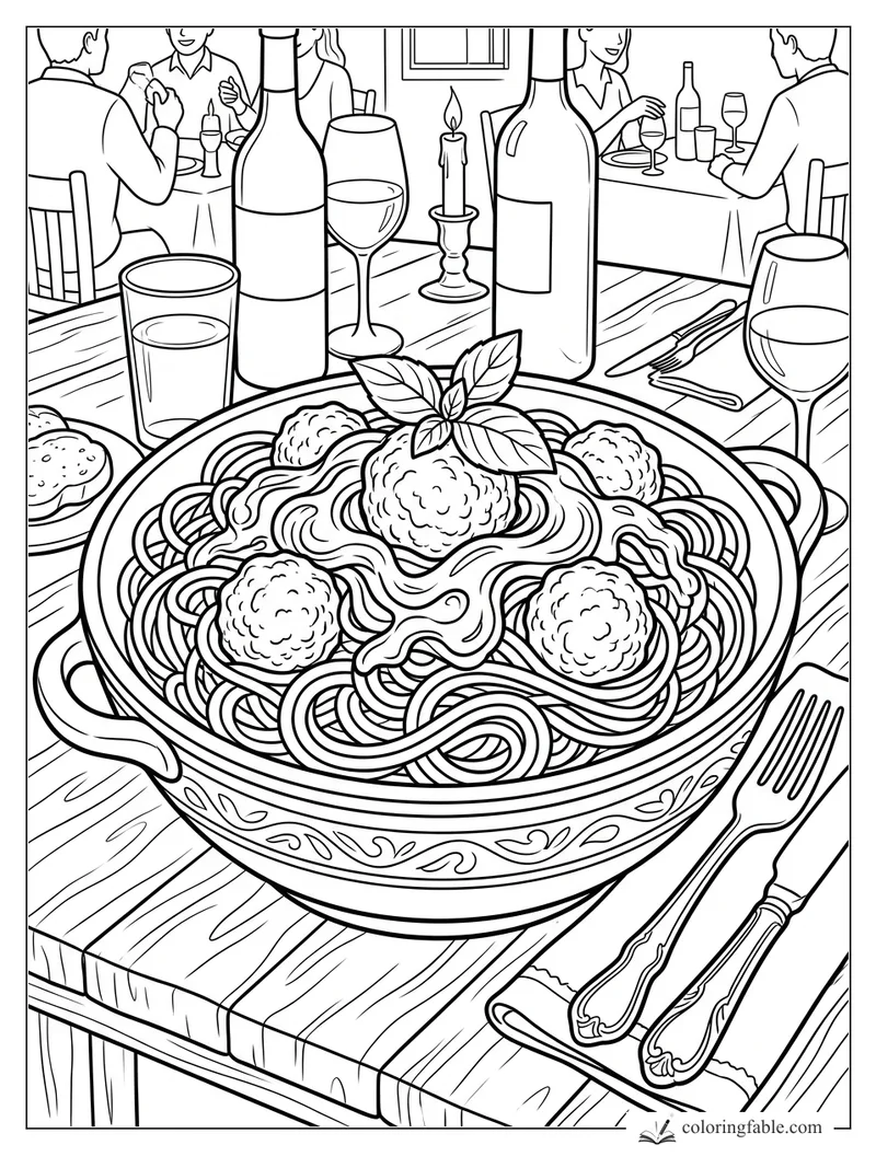 Spaghetti and meatballs in a big serving bowl with basil, wine bottles, glasses, candle, and diners