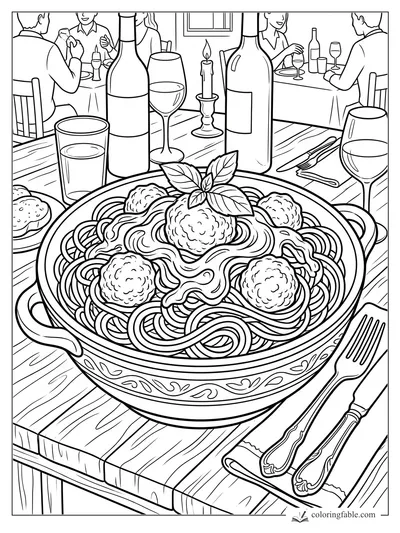 Spaghetti and meatballs in a big serving bowl with basil, wine bottles, glasses, candle, and diners