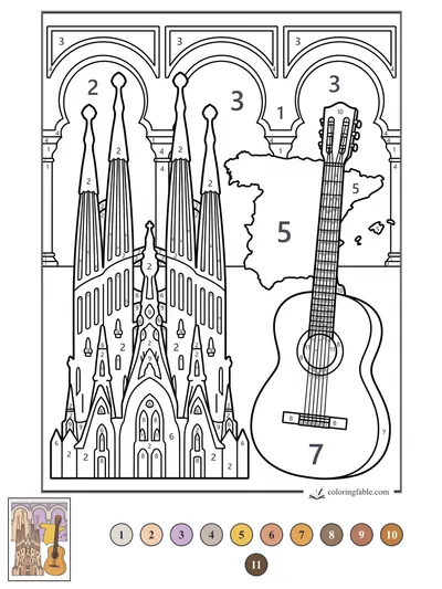 Spain Map with Sagrada Familia and Guitar — color by number