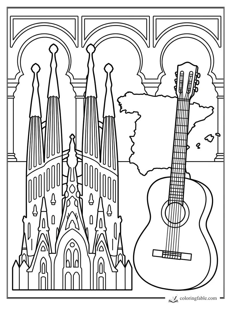 Spain coloring page with Sagrada Familia towers, country map, guitar, and arched backdrop