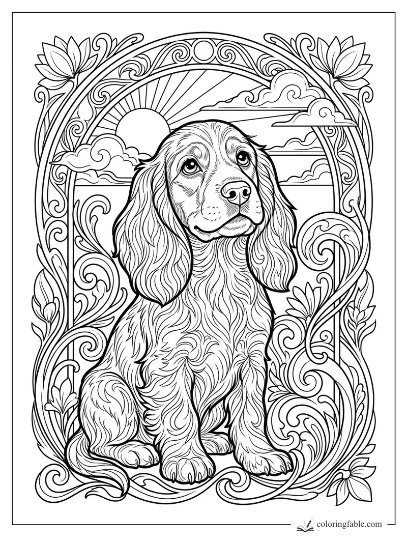 Intricate coloring page of a spaniel puppy framed by Art Nouveau vines, flowers, clouds, and a rising sun.