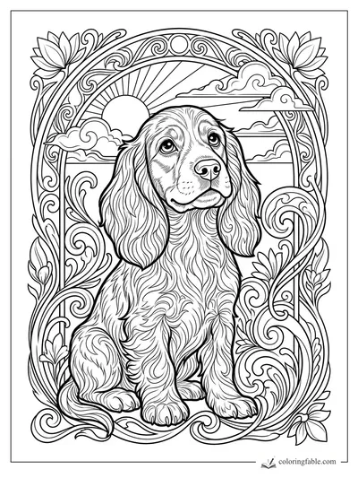 Intricate coloring page of a spaniel puppy framed by Art Nouveau vines, flowers, clouds, and a rising sun.