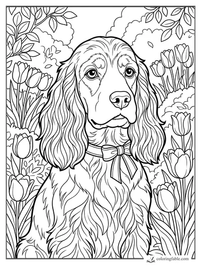 Realistic spaniel with long wavy ears and a bow tie sitting among tulips and leafy bushes.