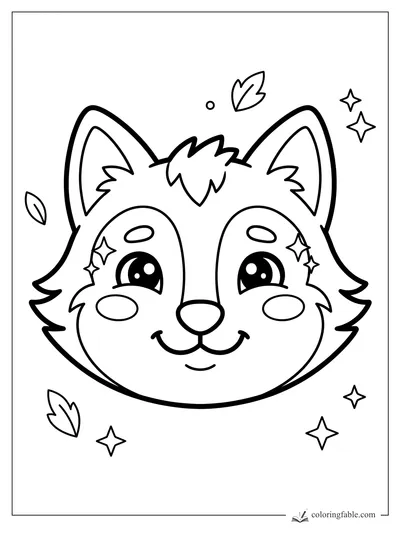 Cute sticker-style wolf face with big ears, shiny eyes, stars, and falling leaves