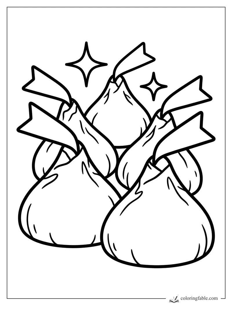 Bold coloring page of wrapped chocolate kisses with paper plumes and two sparkle stars