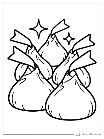 Bold coloring page of wrapped chocolate kisses with paper plumes and two sparkle stars