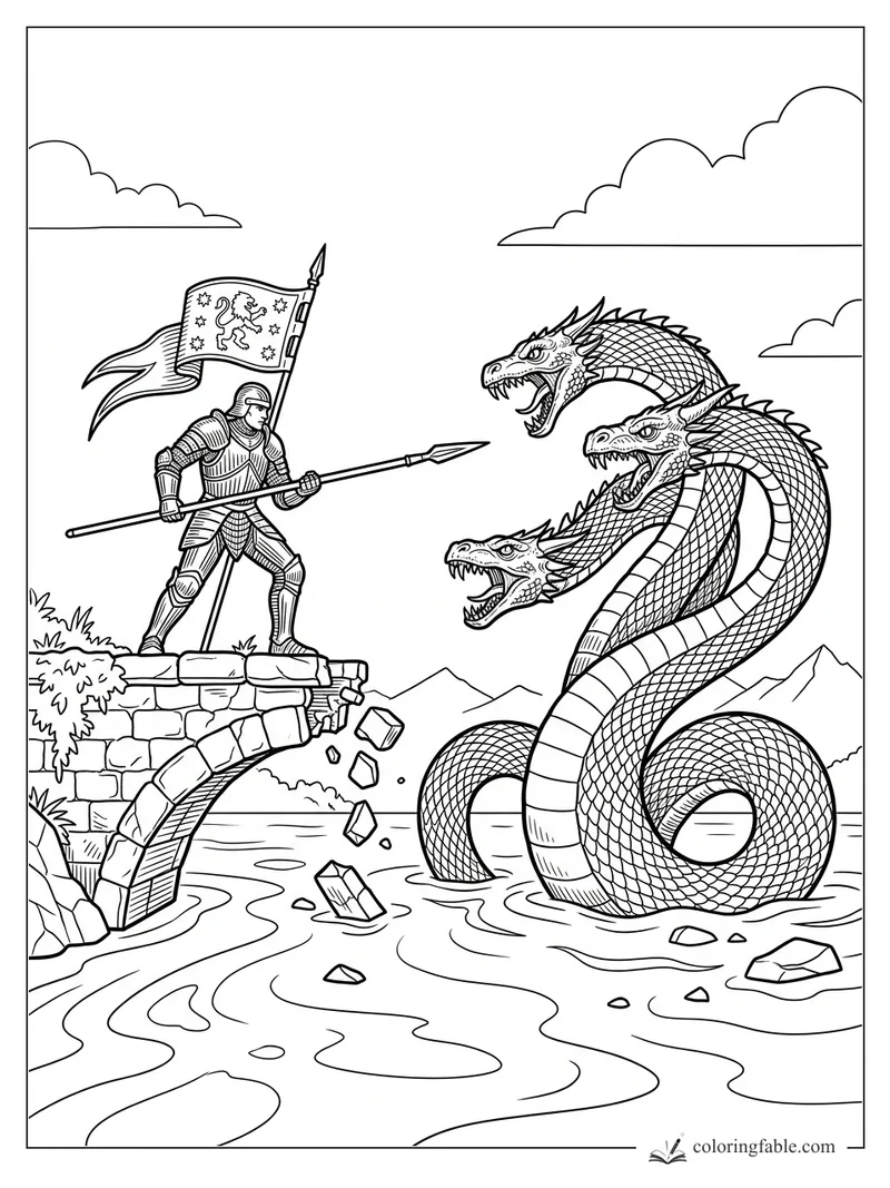 Engraving-style knight with spear on broken bridge facing a three-headed serpent in a river