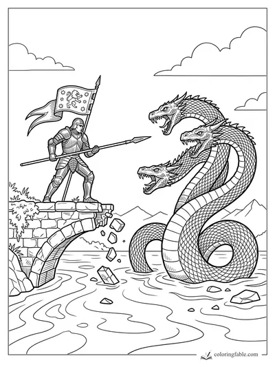 Engraving-style knight with spear on broken bridge facing a three-headed serpent in a river
