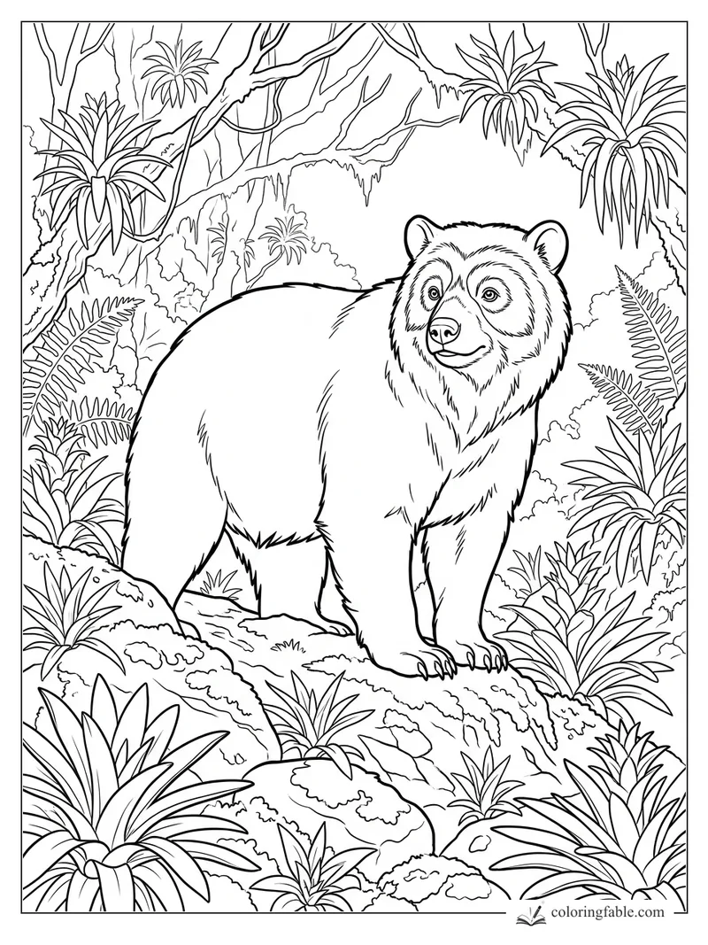 Realistic spectacled bear standing on a mossy log among ferns, vines, and bromeliads in the jungle.