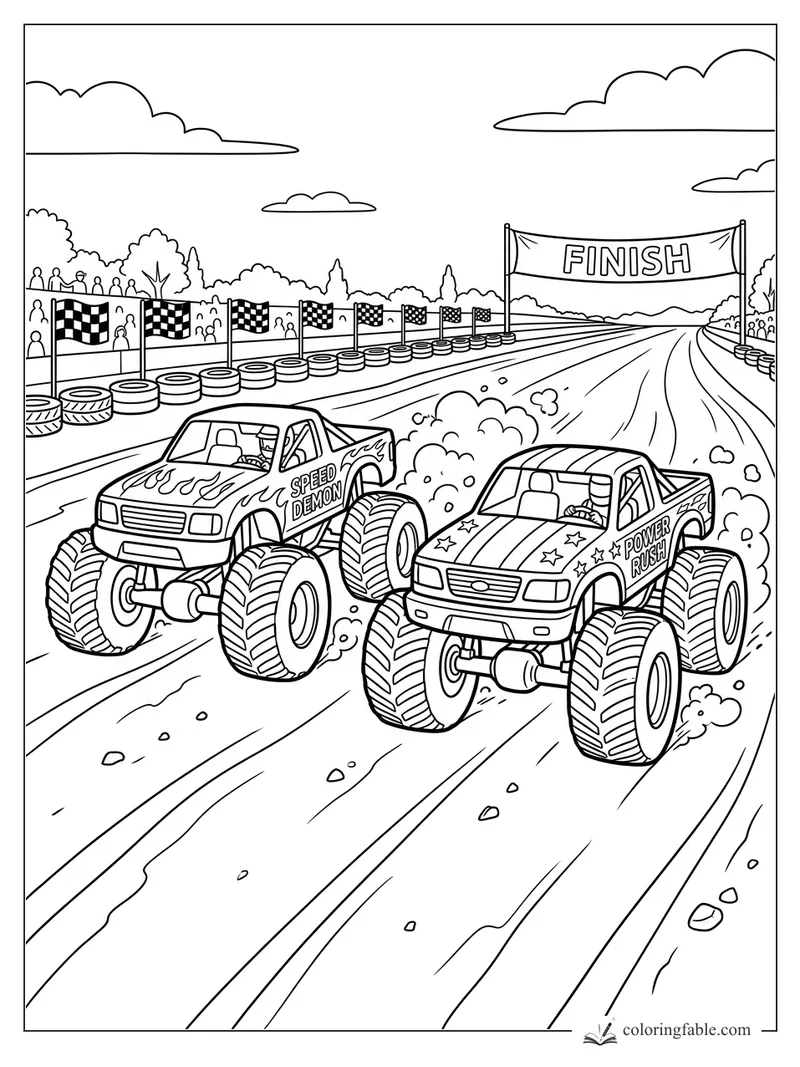 Two cartoon monster trucks racing on a dirt track under a finish banner with flags, tires, and crowd.