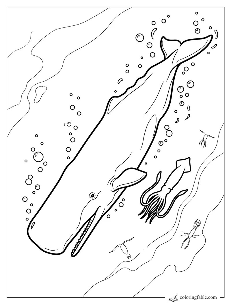 Realistic sperm whale diving with an open jaw, squid, bubbles, and curling ocean currents