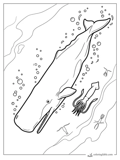 Realistic sperm whale diving with an open jaw, squid, bubbles, and curling ocean currents