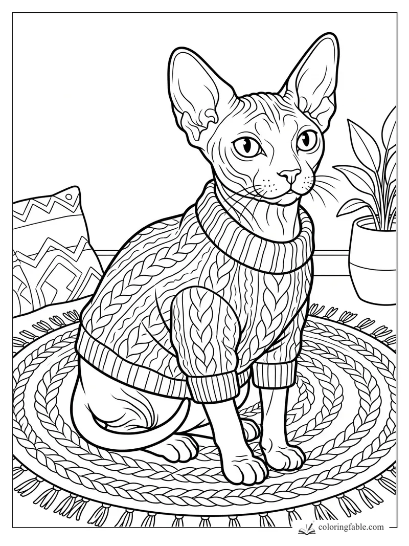 Realistic sphynx cat in a cable-knit sweater sitting on a braided rug beside a plant and patterned pillow.