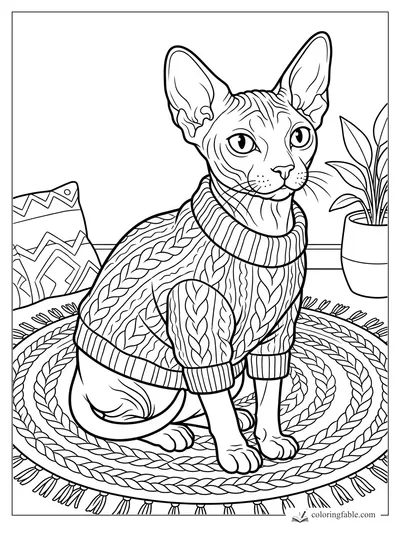 Realistic sphynx cat in a cable-knit sweater sitting on a braided rug beside a plant and patterned pillow.