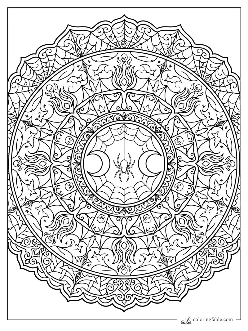 Intricate Halloween mandala with a center spider, webs, bats, ghosts, skulls, stars, and leafy borders.