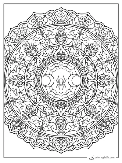 Intricate Halloween mandala with a center spider, webs, bats, ghosts, skulls, stars, and leafy borders.