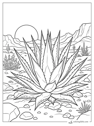 Realistic agave succulent with sharp leaves, desert rocks, cacti, mountains, and a low sun.