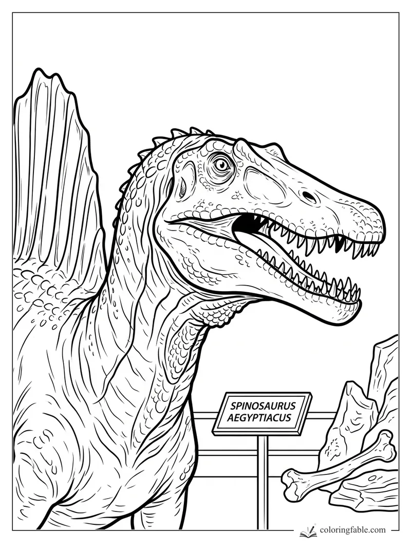 Realistic Spinosaurus aegyptiacus roaring beside a museum sign, fossils, rocks, and tall sail.