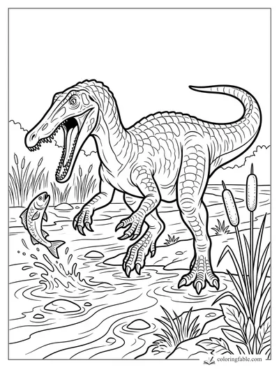 Realistic Spinosaurus wading in a marsh with open jaws as a fish leaps near cattails