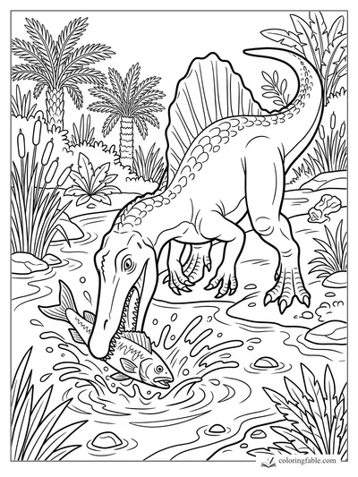 Spinosaurus catching fish in a swamp with palms, cattails, rocks, and splashing water