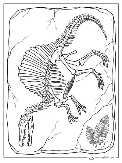 Spinosaurus skeleton fossil in cracked rock with sail, long tail, claws, and fern imprint