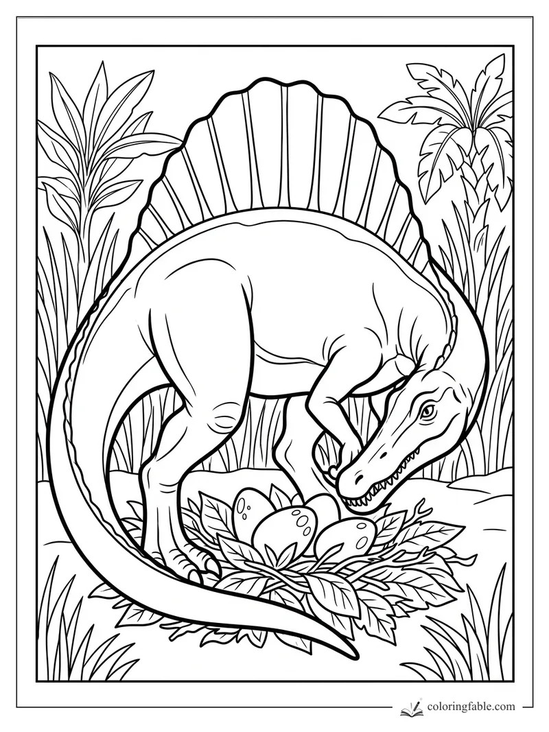 Spinosaurus bends over a leafy nest with three eggs among jungle plants and palms.