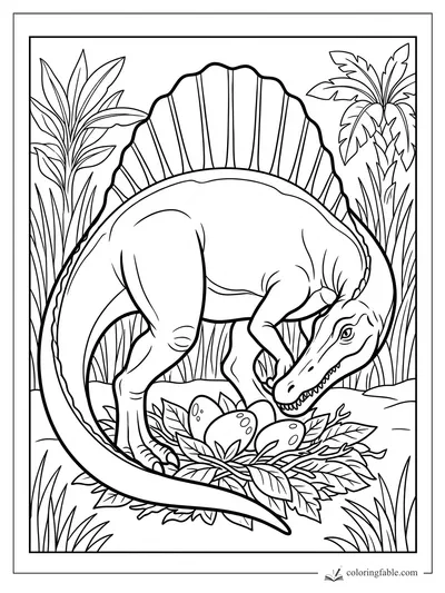 Spinosaurus bends over a leafy nest with three eggs among jungle plants and palms.