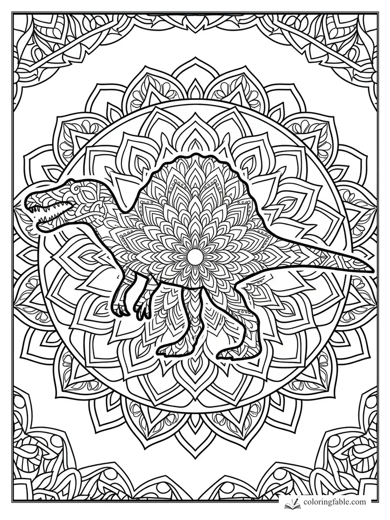 Intricate spinosaurus mandala coloring page with floral petals, patterned sail, and ornate corner borders.