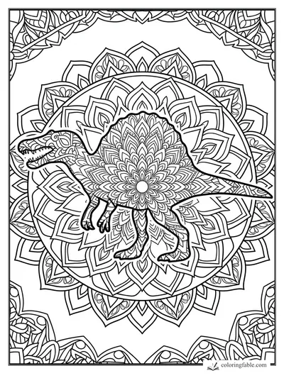 Intricate spinosaurus mandala coloring page with floral petals, patterned sail, and ornate corner borders.