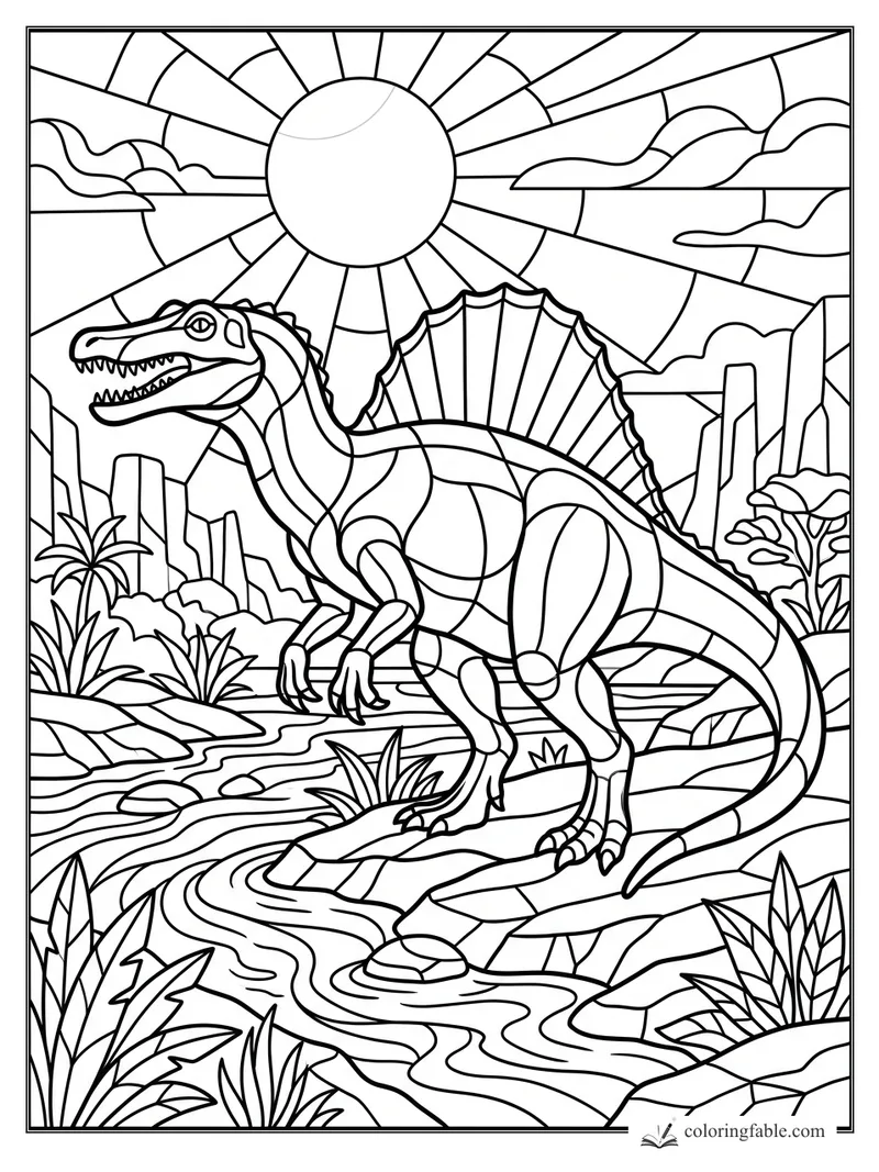 Stained-glass spinosaurus roaring by a winding creek under a large sun and canyon cliffs