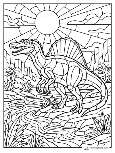 Stained-glass spinosaurus roaring by a winding creek under a large sun and canyon cliffs