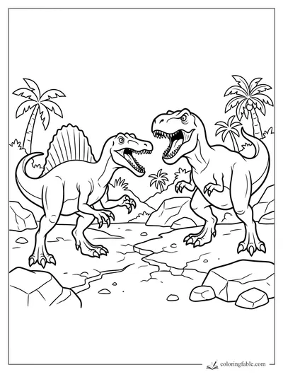 Cartoon spinosaurus facing a roaring dinosaur among palms, rocks, and cracked ground