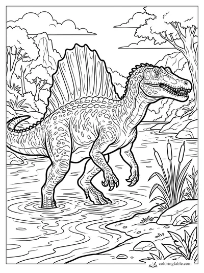 Realistic Spinosaurus wading in a jungle river with tall sail, open jaws, reeds, rocks, and mountains