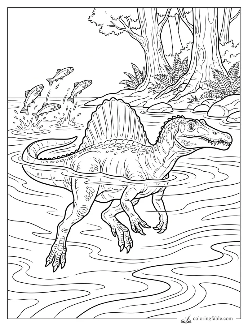 Realistic spinosaurus wading in a forest stream as four fish leap behind it