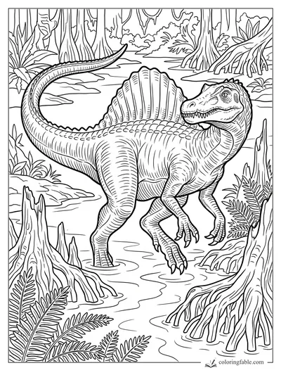 Intricate engraving-style spinosaurus wading in a swamp among cypress knees, ferns, and hanging vines.