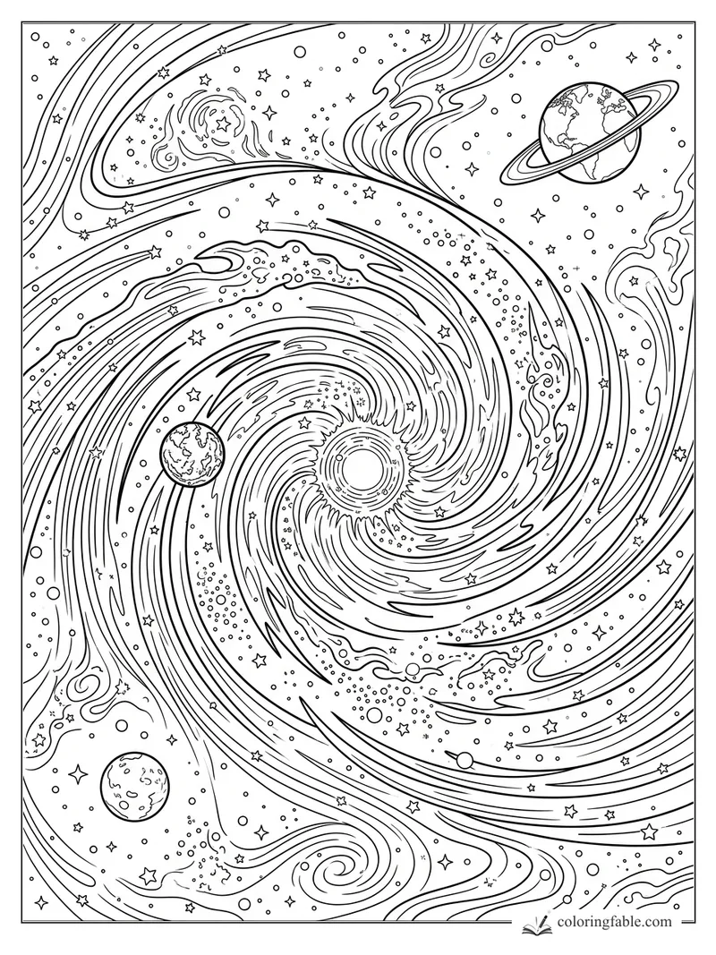 Intricate space coloring page with a spiral galaxy, ringed planet, Earth-like worlds, stars, and flowing nebulae.