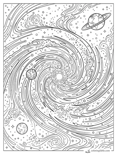 Intricate space coloring page with a spiral galaxy, ringed planet, Earth-like worlds, stars, and flowing nebulae.