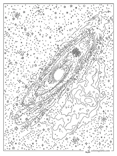 Realistic spiral galaxy coloring page with bright core, nebula cloud, and hundreds of stars