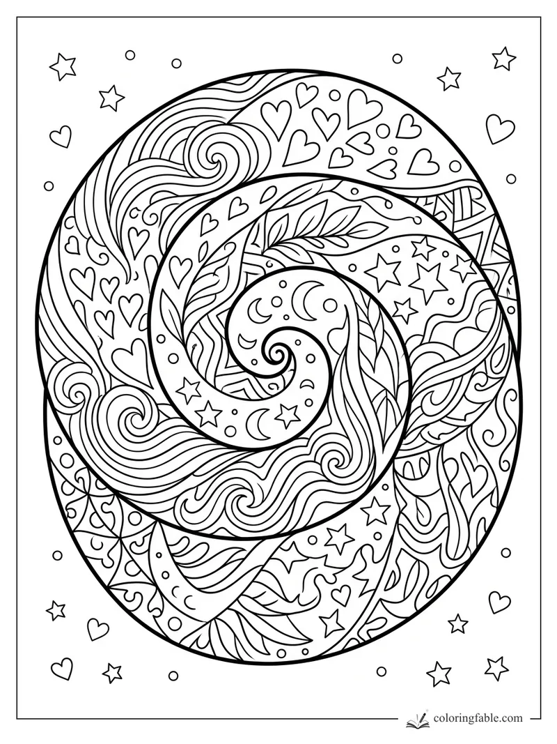 Intricate spiral zentangle with moons, stars, hearts, leaves, waves, and dots inside a bold oval border
