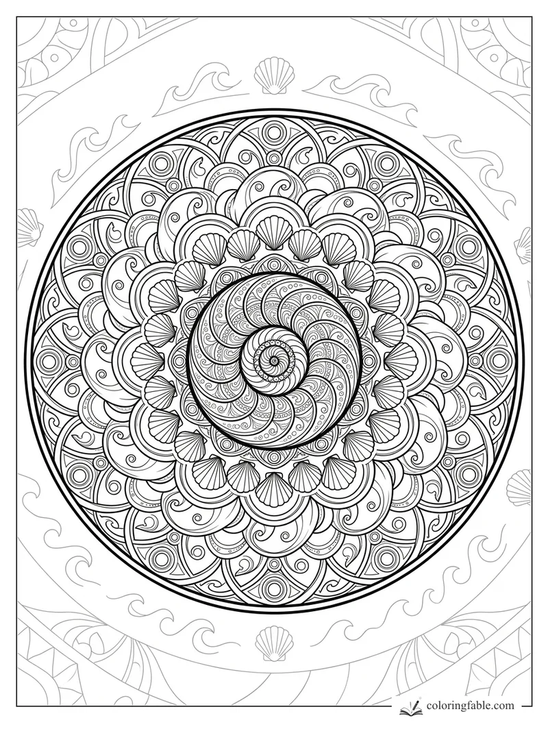 Intricate shell mandala with a spiral center, scallop ring, curls, circles, and wave borders