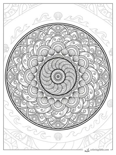Intricate shell mandala with a spiral center, scallop ring, curls, circles, and wave borders