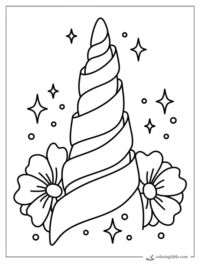 Easy unicorn horn coloring page with spiral bands, flowers, stars, and small bubbles.