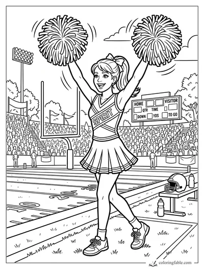 Cheerleader raising pom-poms by a football field, scoreboard, goalposts, crowd, helmet, and water bottles.