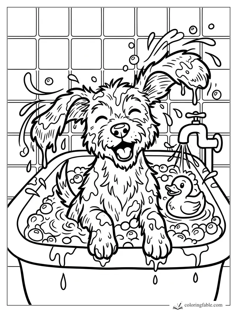 Cartoon puppy in a bubbly bathtub splashing water beside a rubber duck and faucet