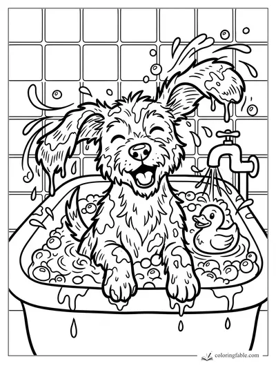 Cartoon puppy in a bubbly bathtub splashing water beside a rubber duck and faucet