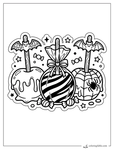Halloween candy apples with bat toppers, striped wrap, spiderweb icing, candies, stars, and a bow