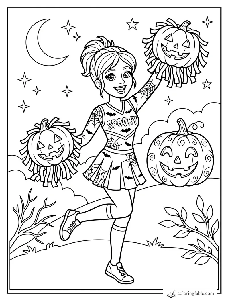 Cartoon cheerleader in a spooky uniform holding pumpkin pom-poms under a crescent moon and stars