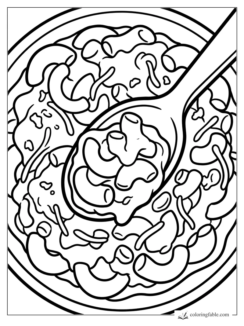 Easy coloring page of a spoon scooping elbow macaroni from a round bowl of pasta.