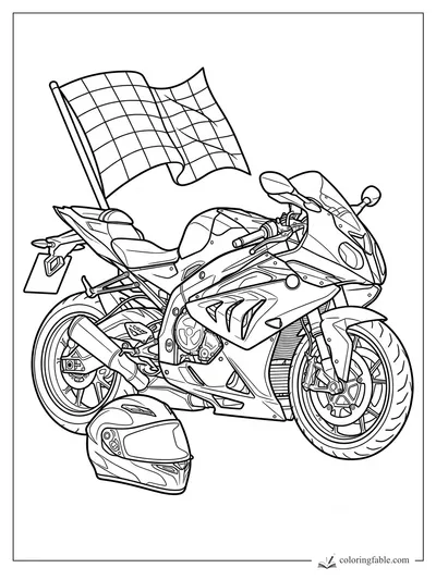 Realistic sport motorcycle with helmet and waving checkered flag coloring page
